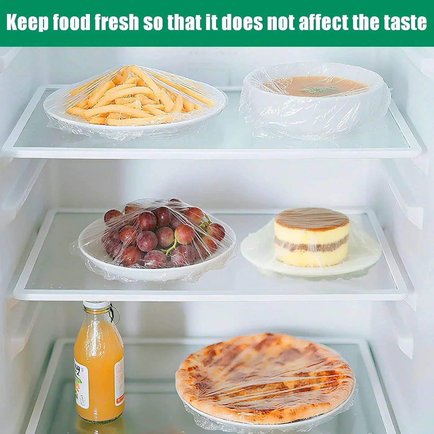 Refrigerator shelves with food covered in plastic wrap to keep items fresh and maintain taste