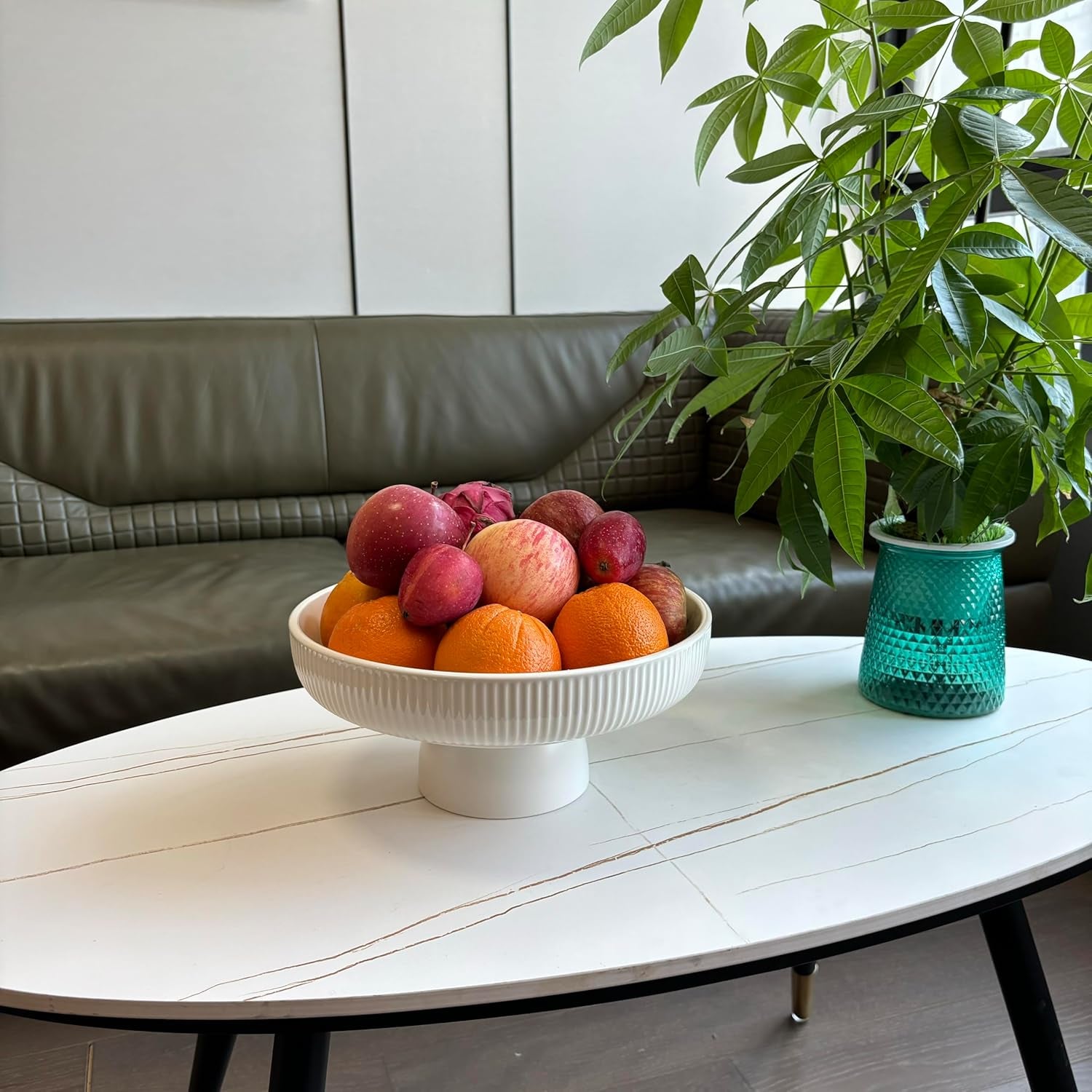 Ceramic Fruit Bowl,11" Decorative Bowl, Large Fruit Bowl for Kitchen Counter, Pedestal Bowl, Kitchen Counter Décor, Bread Candy Snacks Organizer, White (5.3 Lbs, 68Oz)