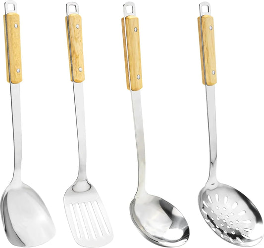 Cooking Utensils - Spatula, Ladle, Skimmer Spoon, Slotted Spatula - 4 Pieces Stainless Steel Wok Utensils Set for Carbon Steel