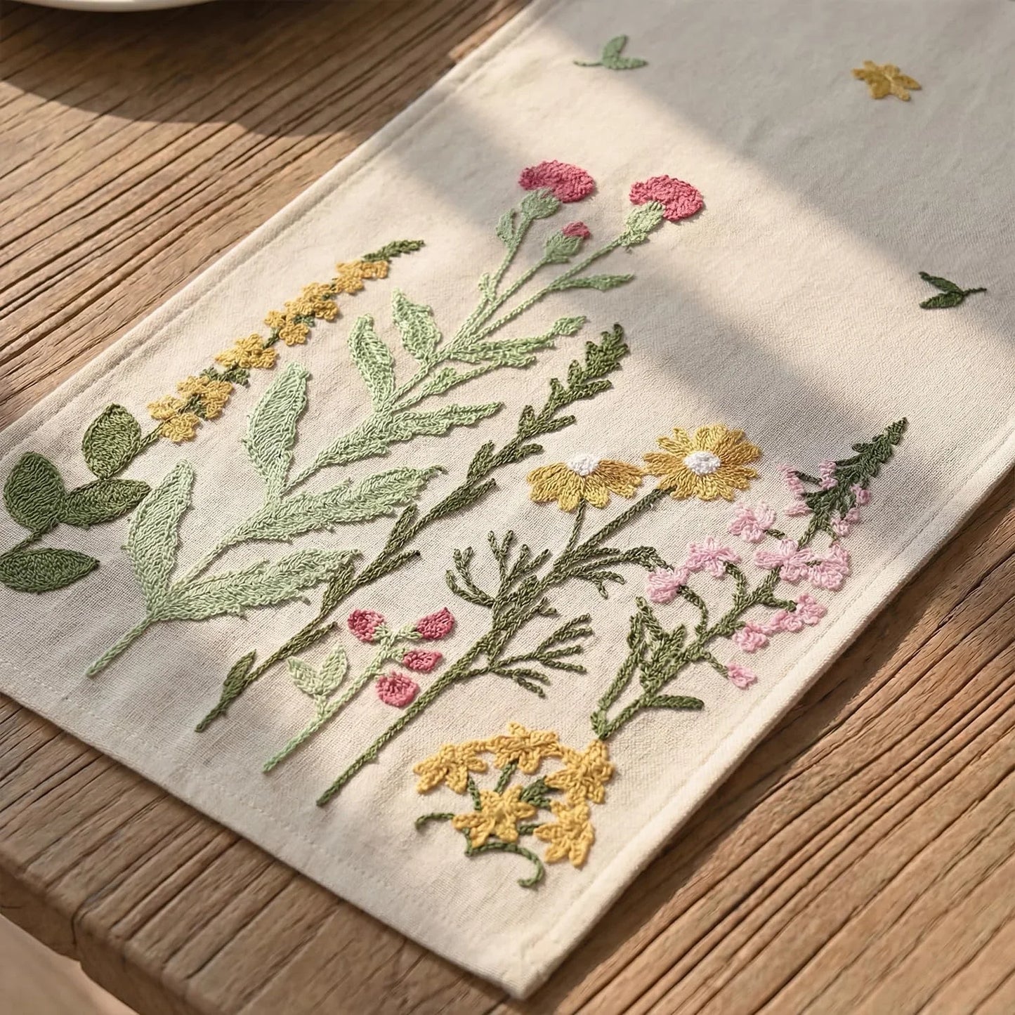 Beige Soft Chain Embroidery Wild Floral Spring Table Runner, Seasonal Summer Kitchen Dining Table Decoration for Home Party Decor 13X72 Inch