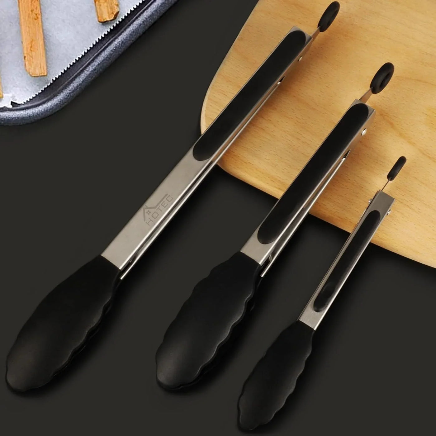 Premium Stainless Steel Locking Kitchen Tongs with Silicon Tips, Heat Resistant Cooking Tongs Set of 3-7", 9" and 12" (Black)