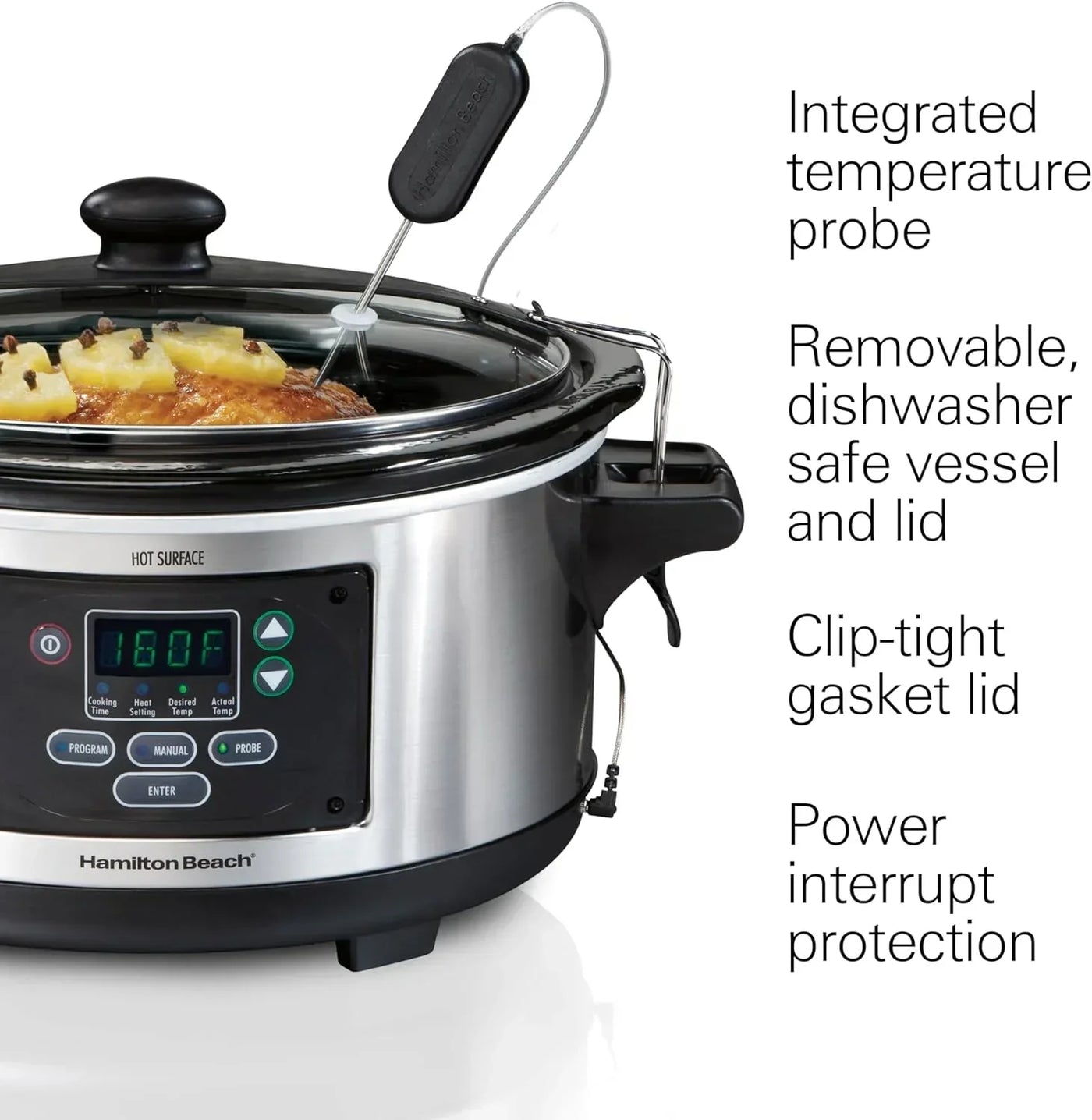 Hamilton Beach slow cooker with digital display, temperature probe, and removable dishware-safe pot for easy cooking
