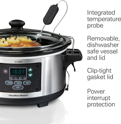 Hamilton Beach slow cooker with digital display, temperature probe, and removable dishware-safe pot for easy cooking