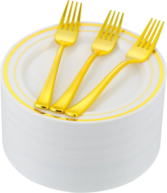 120Pcs Gold Dessert Plates with Forks for 60 Guests-60Pcs 7.5" Small Plastic Dessert Plates and 60Pcs 7.4" Forks-Disposable Cake/Appetizer/Salad Plate for Wedding,Birthday and Party