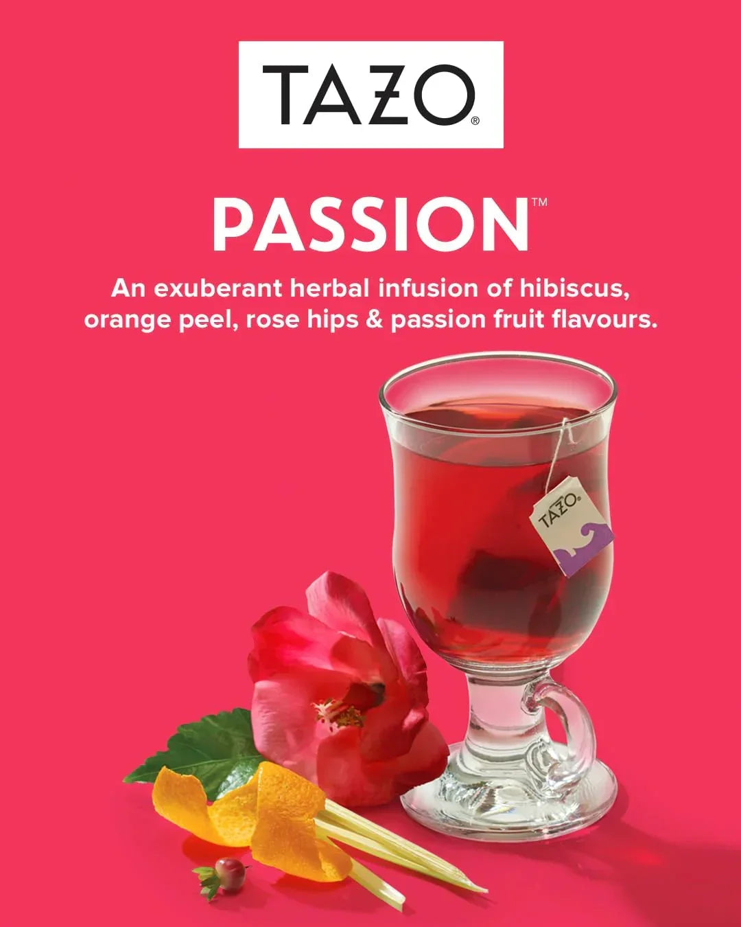 Tazo Passion herbal tea in glass cup with hibiscus, orange peel, rose hips, and passion fruit flavors