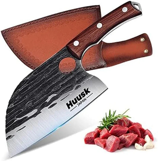 Huusk Serbian Chef Knife with Sheath - Japanese Meat Cleaver for Meat Cutting, Hand Forged Butcher Knife with Wood Handle, Full Tang Chopping Cleaver for Kitchen Outdoor BBQ Camping, Christmas Gifts
