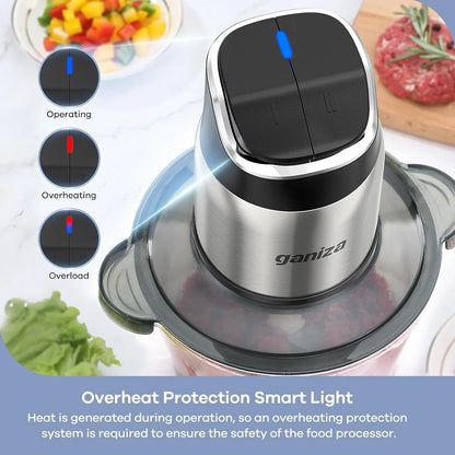 Food Processor, 2-Speed Food Chopper Meat Grinder with 8 Cup Stainless Steel & 8 Cup Glass Bowls, Upgraded Button & Smart Overheat Protection Light - Includes Clean Brush, 2 Sets of Blades