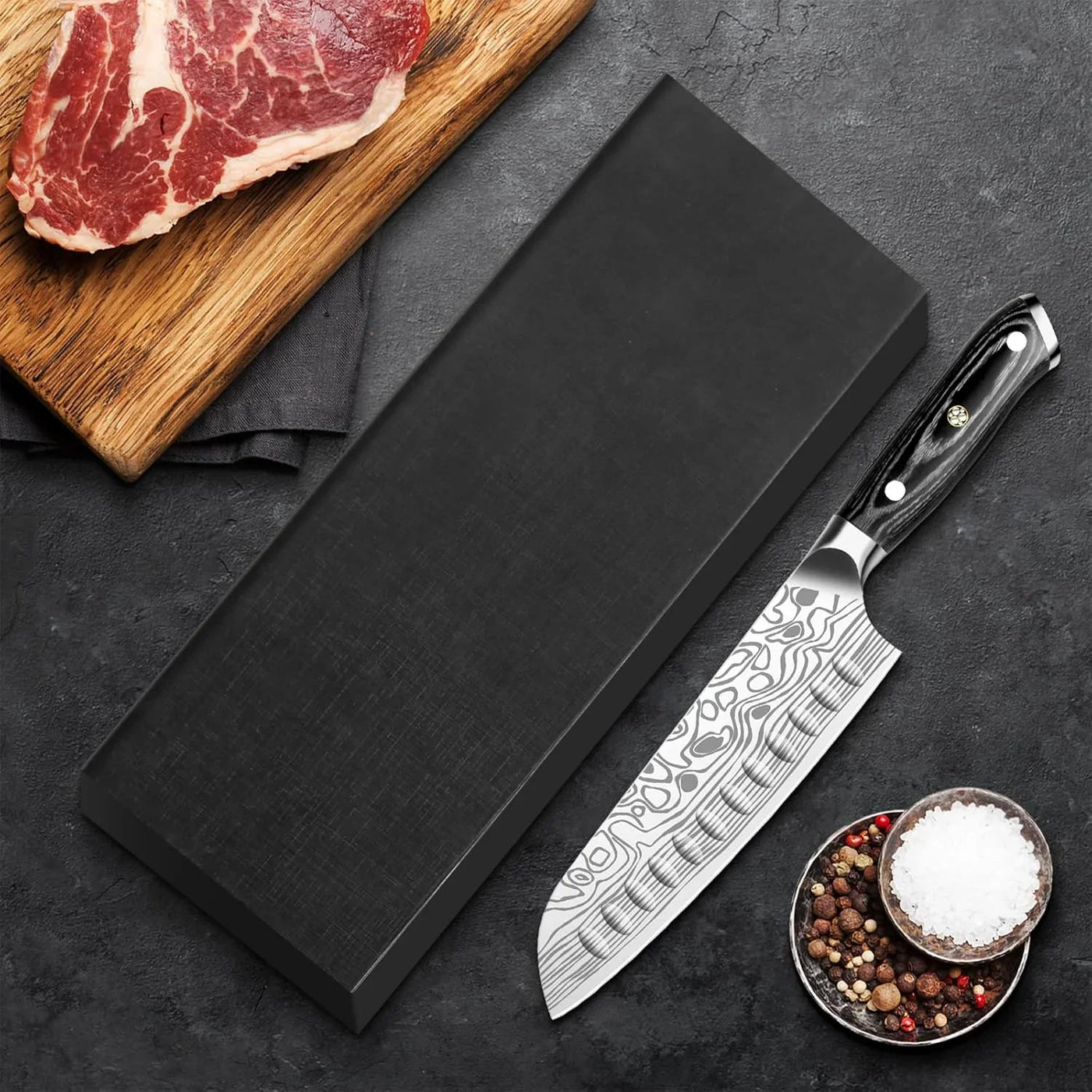 7" Santoku Knife,High Carbon Stainless Steel Chef Knife,Kitchen Nakiri Knife with Finger Guard and Knife Sharpener,Chef Knife Gift Box for Family,For Family and Friends