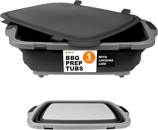 Collapsible BBQ Prep Tub - for Meal Prep Marinating Food Storage - Includes Cutting Board & Locking Lid - (1) XL - Black