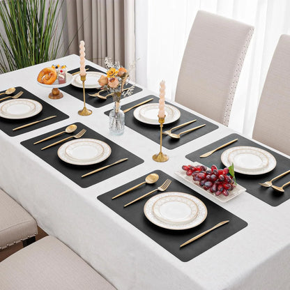 Placemats Set of 6 Faux Leather Waterproof Leakproof Wipeable PU Non-Slip Vinyl Place Mats Heat Resistant Table Mats for Kitchen Dining Table Indoor Outdoor, Black