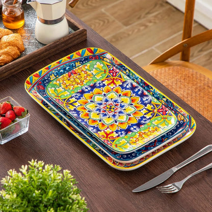 Serving Platters Set of 3, 16"/14"/12" Inch Rectangular Trays - Extra Large, Ceramic Bohemian Serving Dish for Entertaining Food, Microwave & Dishwasher Safe, Vintage