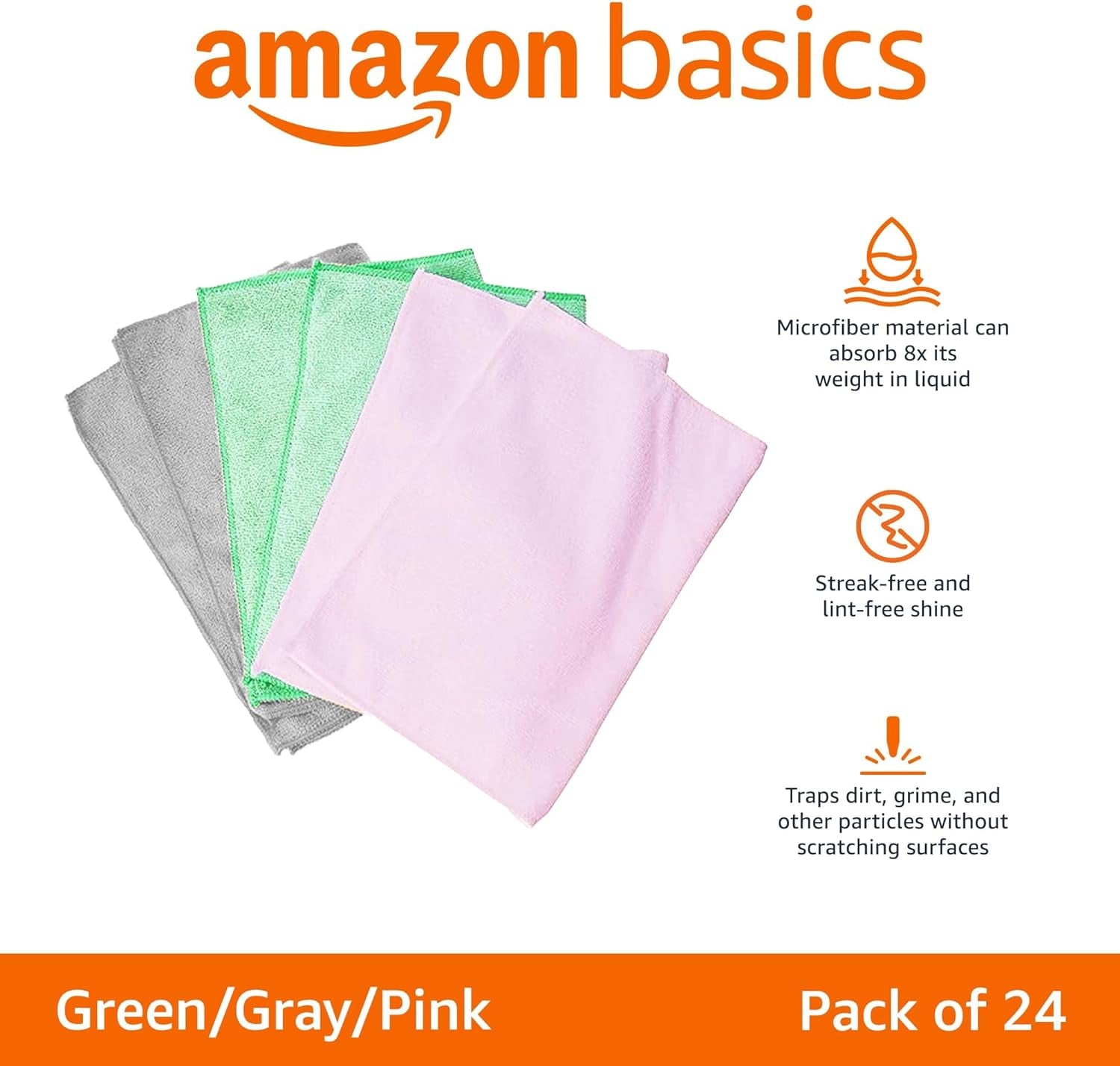 Microfiber Cleaning Cloths, Ultra-Soft and Highly Absorbent, Streak-Free, Lint-Free, Scratch-Free, Washable, for Car Detailing and Glass Cleaning, 16" X 12", Green/Gray/Pink, 24-Pack
