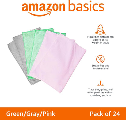 Microfiber Cleaning Cloths, Ultra-Soft and Highly Absorbent, Streak-Free, Lint-Free, Scratch-Free, Washable, for Car Detailing and Glass Cleaning, 16" X 12", Green/Gray/Pink, 24-Pack