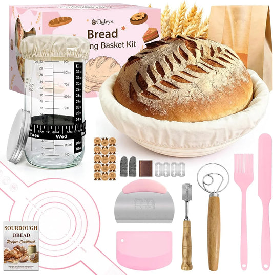 Beginner Sourdough Starter Kit, Sourdough Bread Baking Supplies, Banneton Bread Proofing Basket Set with Glass Sourdough Starter Jar, Sour Dough Bread Making Tools Kit Baking Gifts for Women Mom Wife