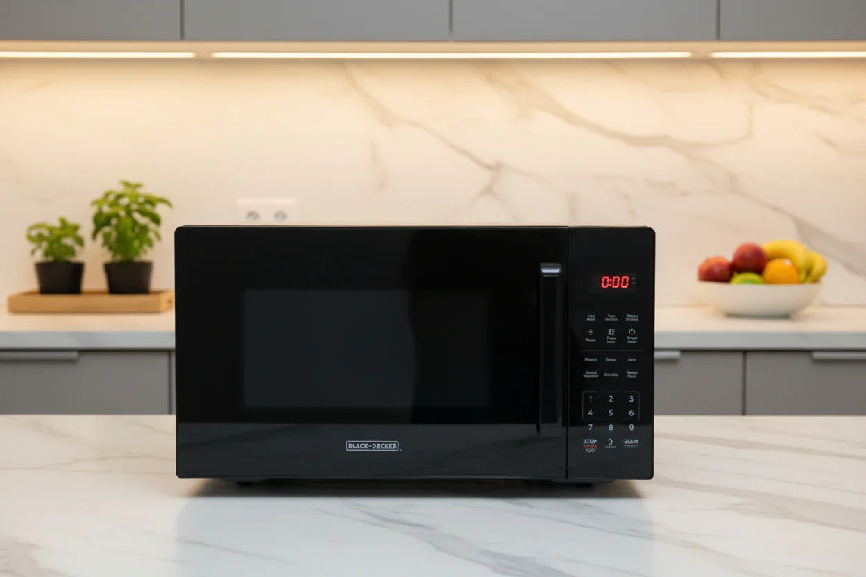 Black countertop microwave oven with digital control panel and keypad