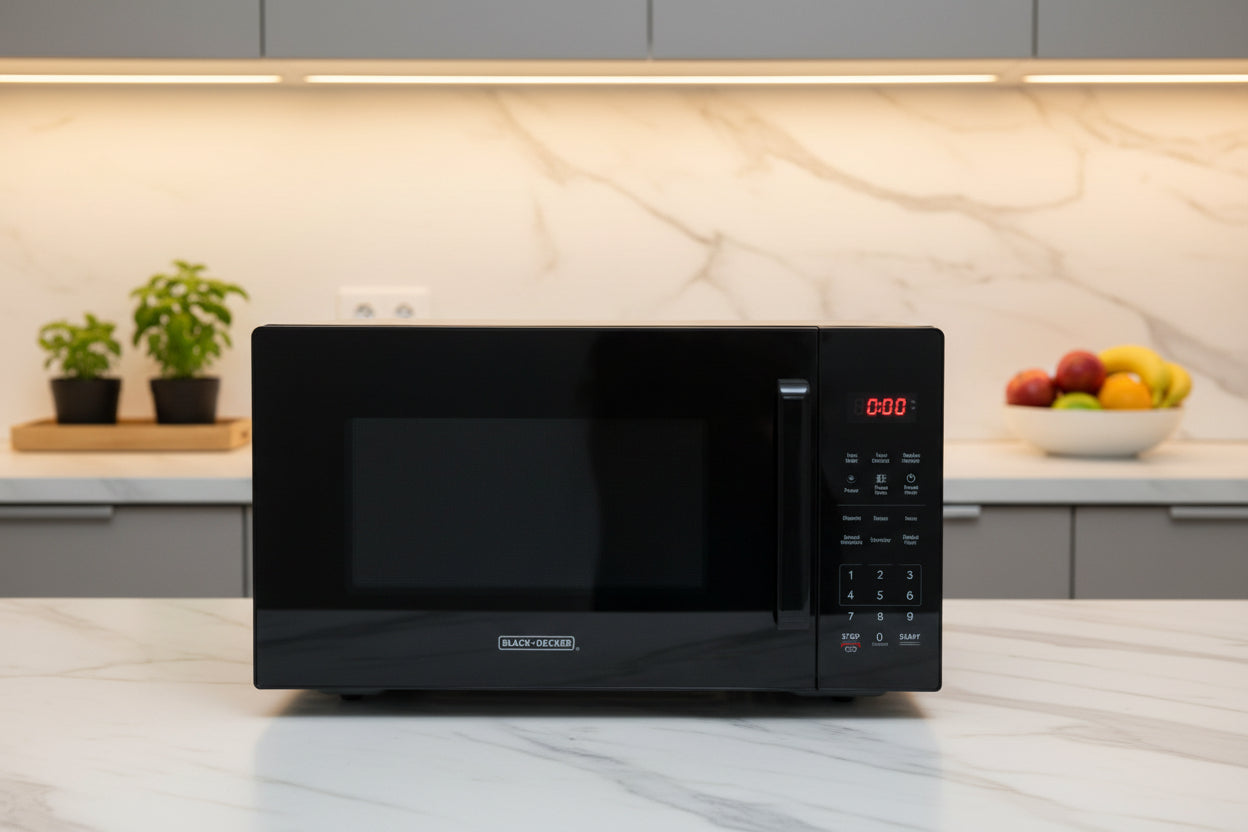 Black countertop microwave oven with digital control panel and keypad
