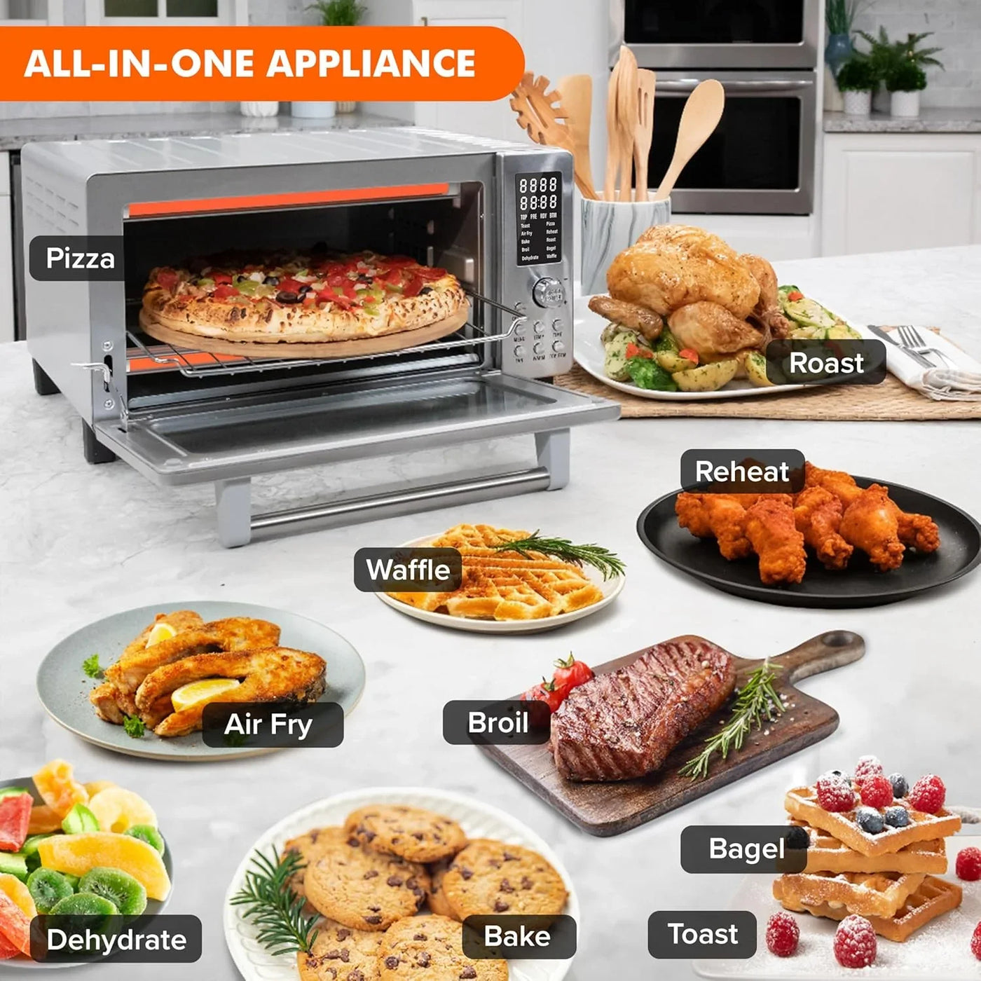 Bravo Air Fryer Toaster Smart Oven, 10-In-1 Countertop Convection, 1800 Watts, 21-Qt Capacity, 50°-450°F Temp Controls, Top and Bottom Heater Adjustments 0%-100%, PFAS Free, Stainless Steel
