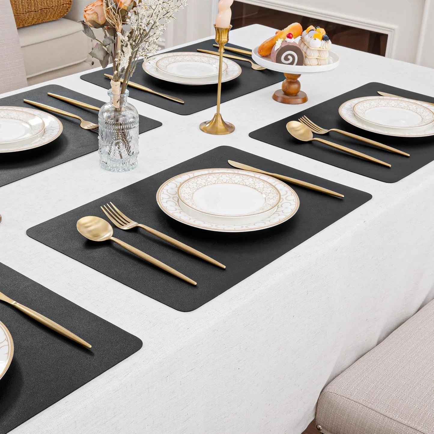 Placemats Set of 6 Faux Leather Waterproof Leakproof Wipeable PU Non-Slip Vinyl Place Mats Heat Resistant Table Mats for Kitchen Dining Table Indoor Outdoor, Black