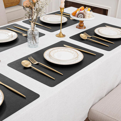Placemats Set of 6 Faux Leather Waterproof Leakproof Wipeable PU Non-Slip Vinyl Place Mats Heat Resistant Table Mats for Kitchen Dining Table Indoor Outdoor, Black