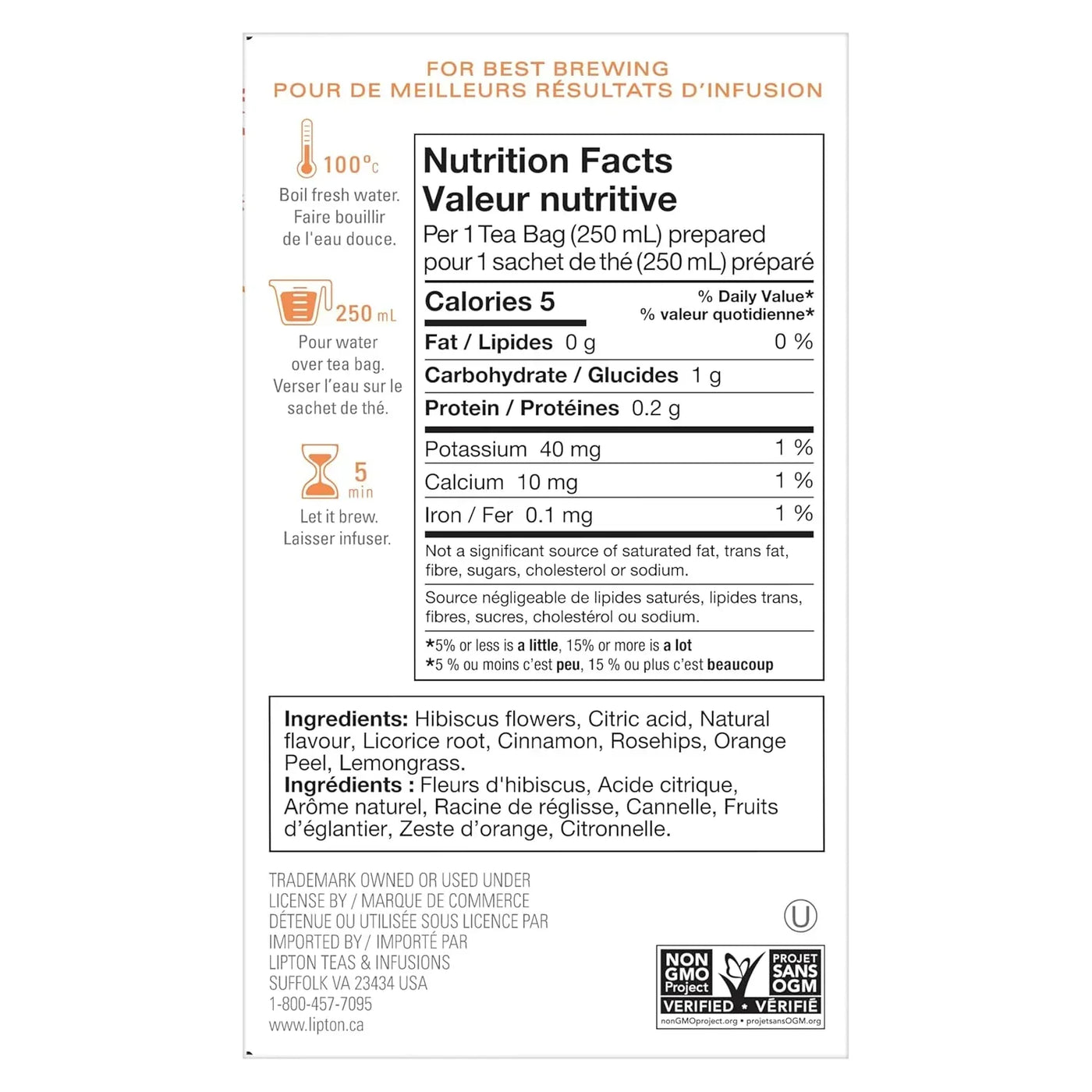 Tea bag nutrition facts, brewing instructions, and ingredients including hibiscus, cinnamon, and lemongrass