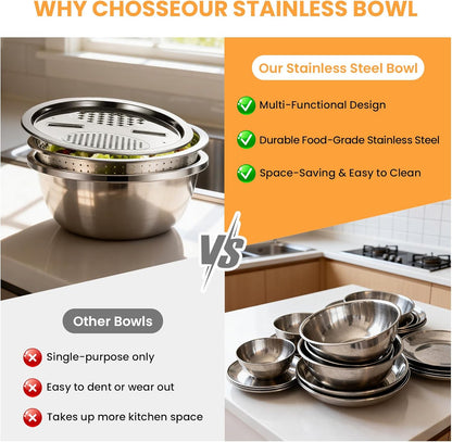 Mixing Bowls Stainless Steel Set, Germany Multifunctional Shredding Chopping Basin with Kitcgrater, Colander, Food Strainers (9.4In(24Cm))