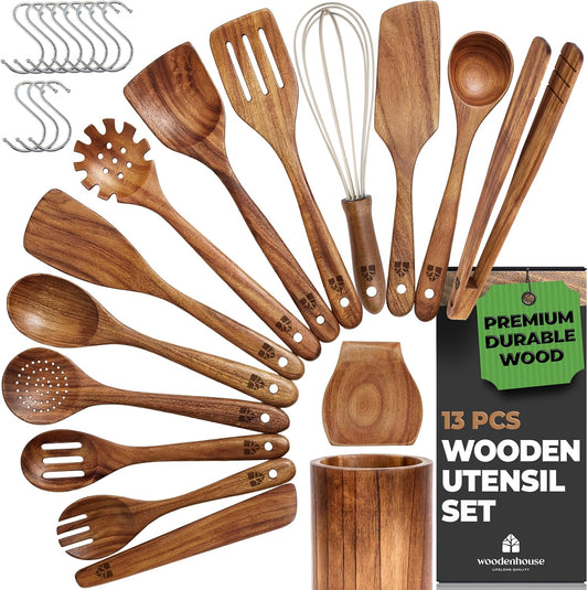 Wooden Spoons for Cooking 13 Pcs – Sturdy & Easy to Clean, Natural Teak Wooden Utensil Set – Non-Scratch Wood Kitchen Utensils Set with Spatula, Ladle, Spoons, Tongs, Whisk, Holder, Spoon Rest & Hooks