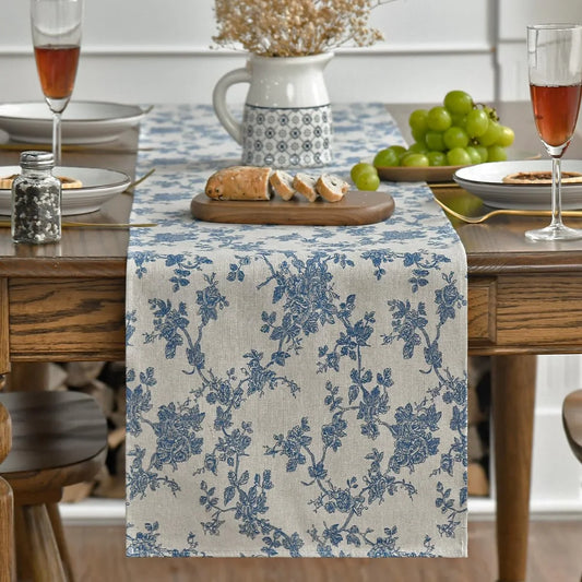 Monochrome Sketch Branch Toile Textures Chinoiserie Cotton Dark Grey Table Runner, Seasonal Retro Vintage Kitchen Dining Table Decoration for Home Party Decor 13X72 Inch