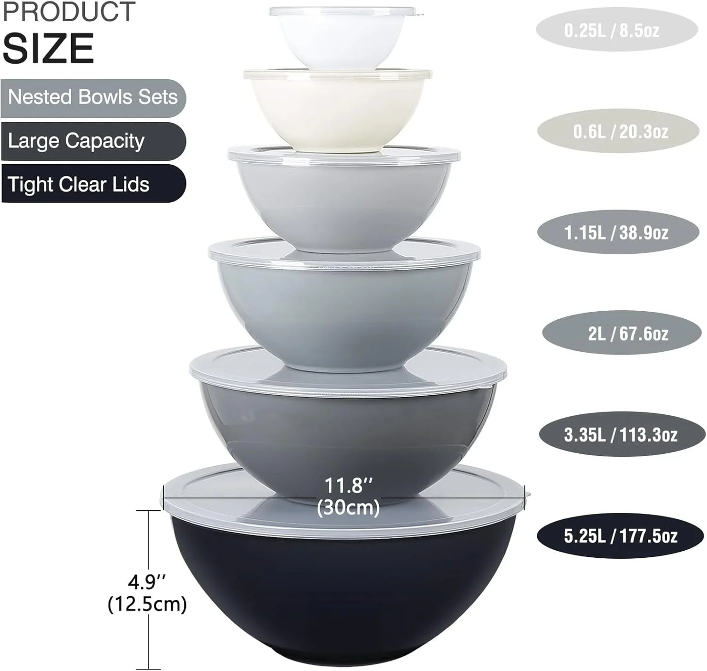 Plastic Mixing Bowls with Lids Set for Kitchen, 6 Set Nesting Bowls for Mixing, Baking, Prepping, Cooking and Serving Food, Mixing Bowls Dishwasher, Microwave Safe