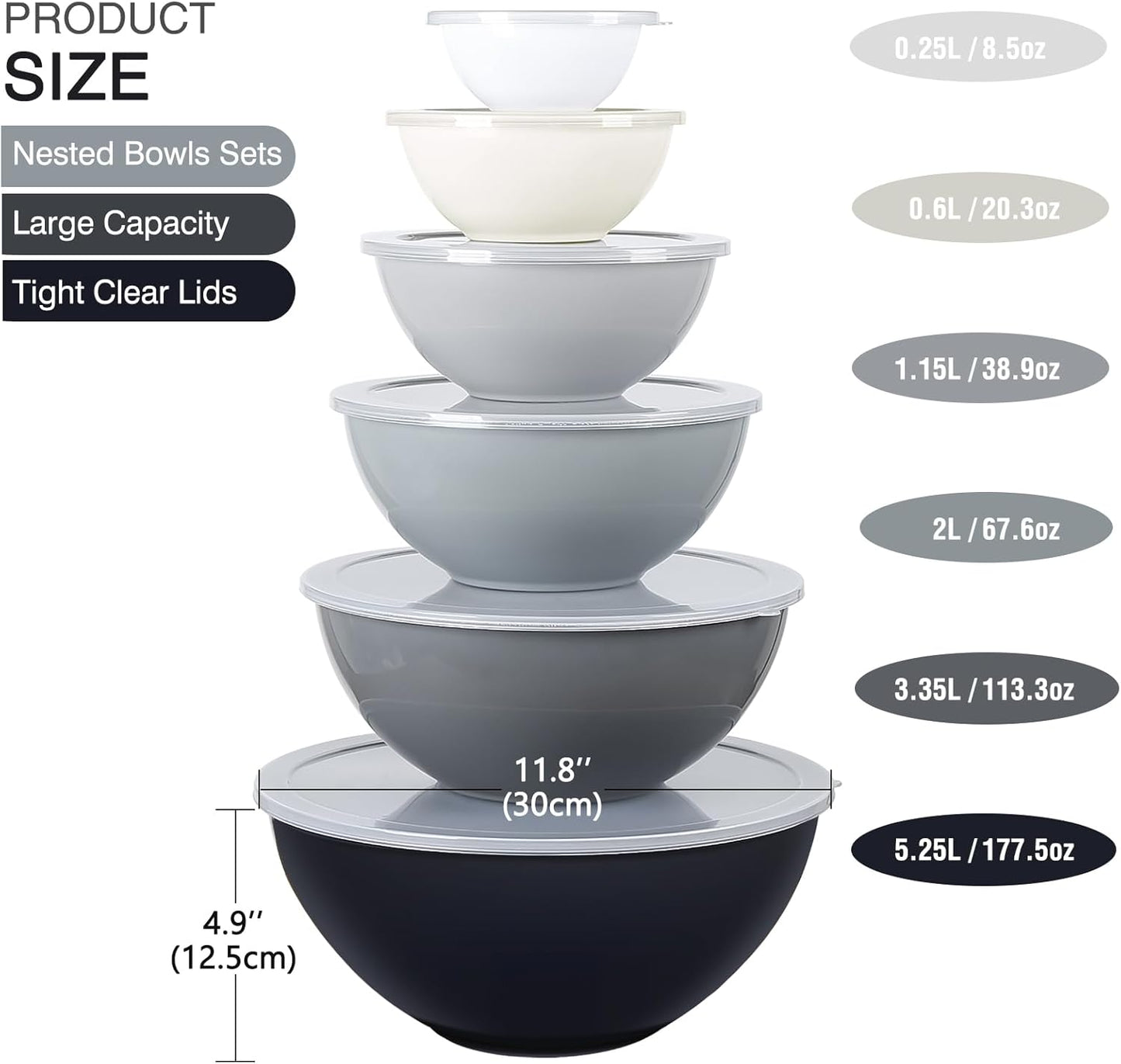Plastic Mixing Bowls with Lids Set for Kitchen, 6 Set Nesting Bowls for Mixing, Baking, Prepping, Cooking and Serving Food, Mixing Bowls Dishwasher, Microwave Safe