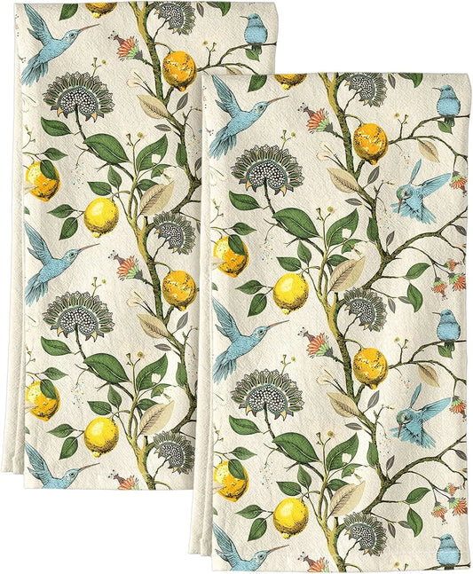 Flour Sack Kitchen Towels Set of 2-18X26 Cotton Dish Towels with Hanging Loop Reusable Tea Towel for Cleaning Spring Absorbent Dishcloths Cute Home Decor Housewarming, Lemon Birds