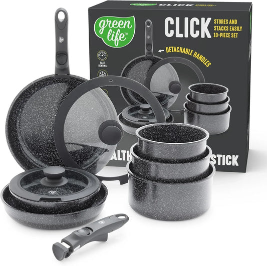 10 Piece Nonstick Pots & Pans Set, Detachable Handle & Stackable Cookware Set, Non Toxic Pfas-Free Skillets, Induction Kitchen Pans, Space Saving, Serving Bowls, Oven Safe, Granite Black