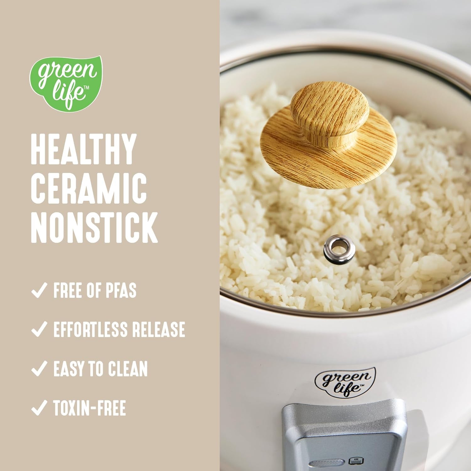 Rice Cooker with Removable Pfas-Free Ceramic Nonstick Pot, 3-Cups Uncooked/6-Cups Cooked, Grains & Oatmeal Multicooker, Compact One-Switch Design, Auto Keep Warm, Easy Clean, Cream