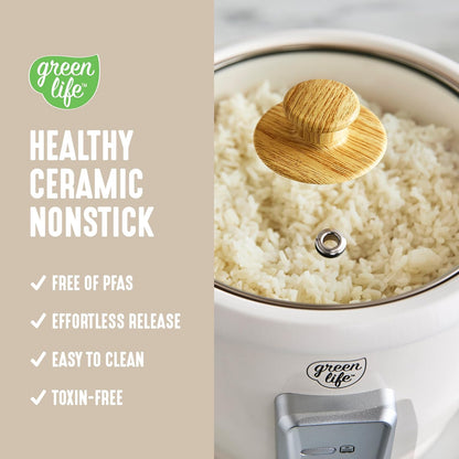 Rice Cooker with Removable Pfas-Free Ceramic Nonstick Pot, 3-Cups Uncooked/6-Cups Cooked, Grains & Oatmeal Multicooker, Compact One-Switch Design, Auto Keep Warm, Easy Clean, Cream