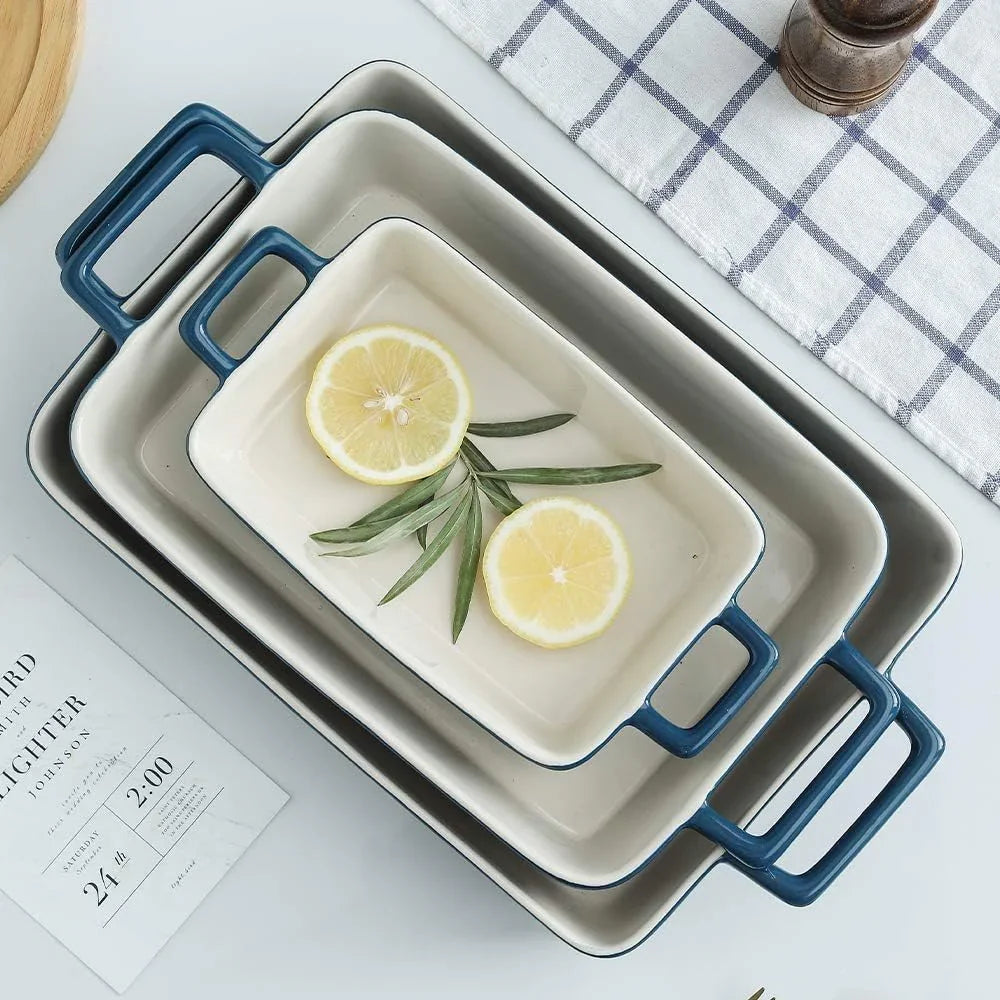 Bakeware Set, Ceramic Baking Dish, Rectangular Baking Pans Set, Casserole Dish for Cooking, Cake Dinner, Kitchen, Wrapping Upgrade, 12 X 8.5 Inches, 3-Piece (Gradient Blue)