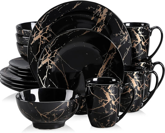 Black Plates and Bowls Sets for 4, Porcelain Dinnerware Sets 16 Piece Gold Splash Glaze Ceramic Dish Set, round Dinner Set with Mugs, Dishwasher Microwave Safe