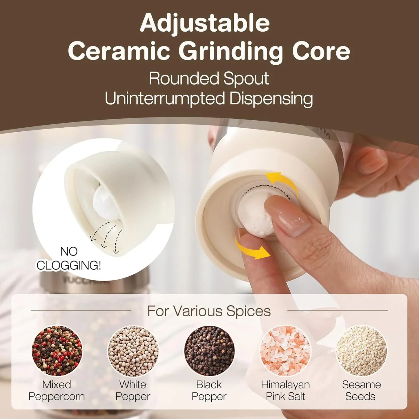Salt and Pepper Grinder Set with Adjustable Coarseness Ceramic Pepper Mill Manual Effortless Salt Grinder Spice Grinder for Home, Kitchen, Beige
