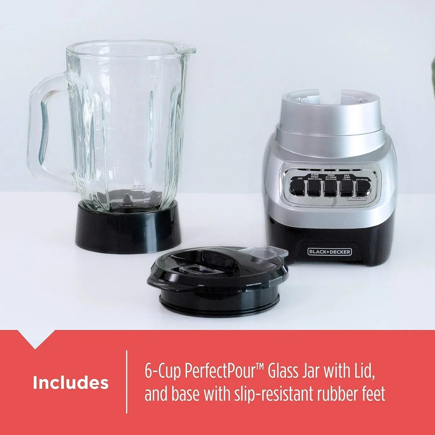 6-Cup PerfectPour Glass Jar with Lid and Base, Black+Decker Blender for Smoothies and Blending