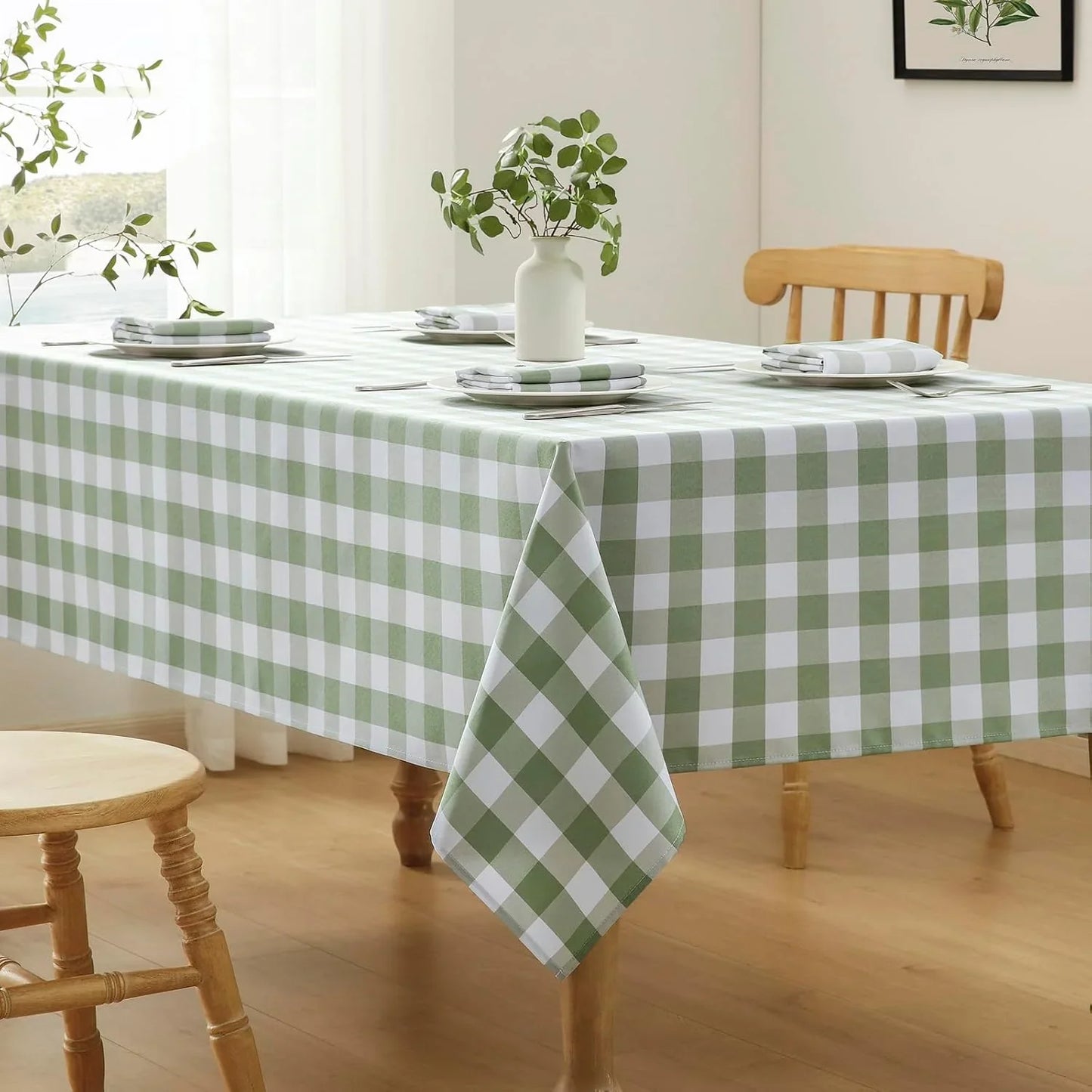 Checkered Tablecloth Rectangle Waterproof Gingham Table Cloth Washable Buffalo Plaid Table Cover Wrinkle Free for Kitchen, Dining and Outdoor Picnic, 60 X 120 Inch, Sage Green and White