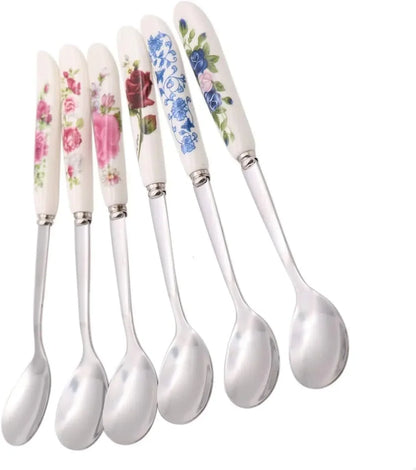 Set of 6 floral porcelain-handled spoons with stainless steel stems, perfect for tea or dessert serving