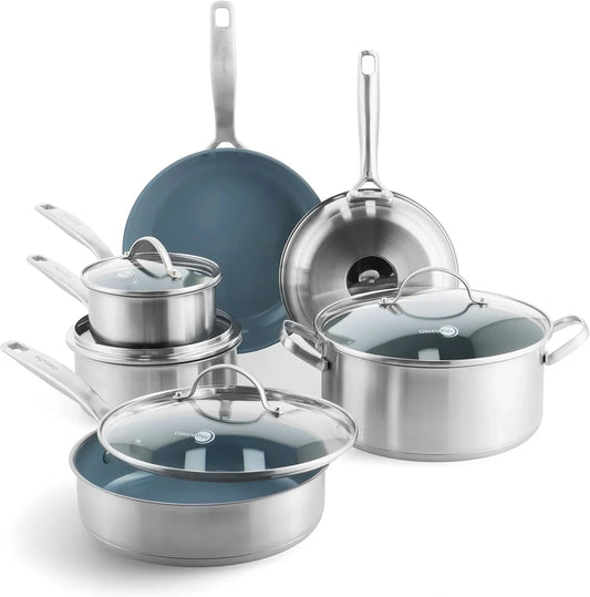 Treviso 10 Piece Cookware Set, Non-Toxic Pfas-Free Stainless Steel Ceramic Nonstick Coating, Induction Suitable, Pots, Pans Lids, Sauté & Saucepans, Multi Clad, Dishwasher & Oven Safe