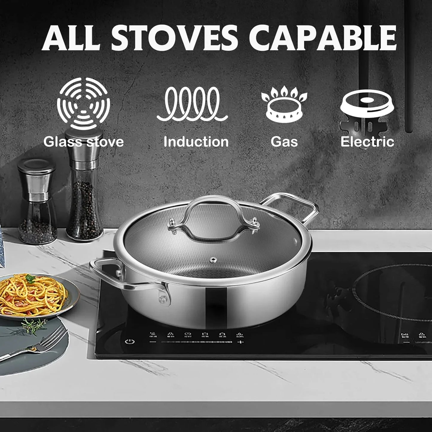 Saute Pan,Hybrid Non Stick 5 Quart Everyday Braiser Pan,Chicken Fryer, PFOA Free Cookware,12 Inch Deep Frying Pans with Lid,Dishwasher and Oven Safe,Works on Induction,Ceramic and Gas Cooktops
