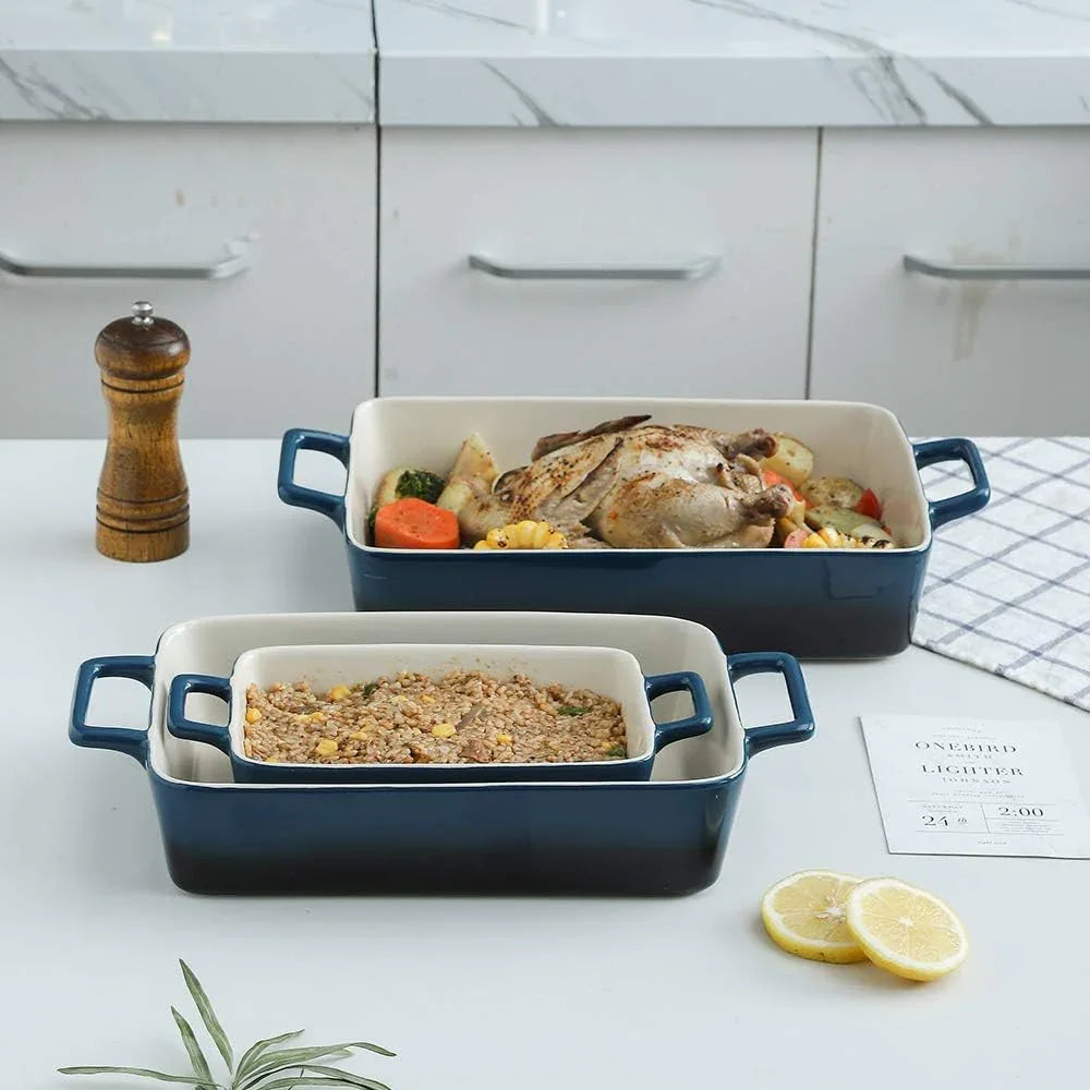 Bakeware Set, Ceramic Baking Dish, Rectangular Baking Pans Set, Casserole Dish for Cooking, Cake Dinner, Kitchen, Wrapping Upgrade, 12 X 8.5 Inches, 3-Piece (Gradient Blue)