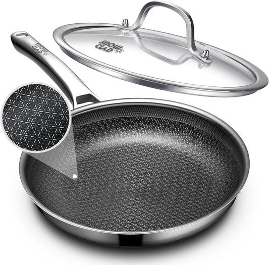 Non Stick Frying Pans 12 Inch, Hybrid Improved Version Frying Pans Nonstick with Lid,Non Stick Stainless Steel Skillets, Dishwasher and Oven-Safe Chef Pan, PFOA Free Cookware