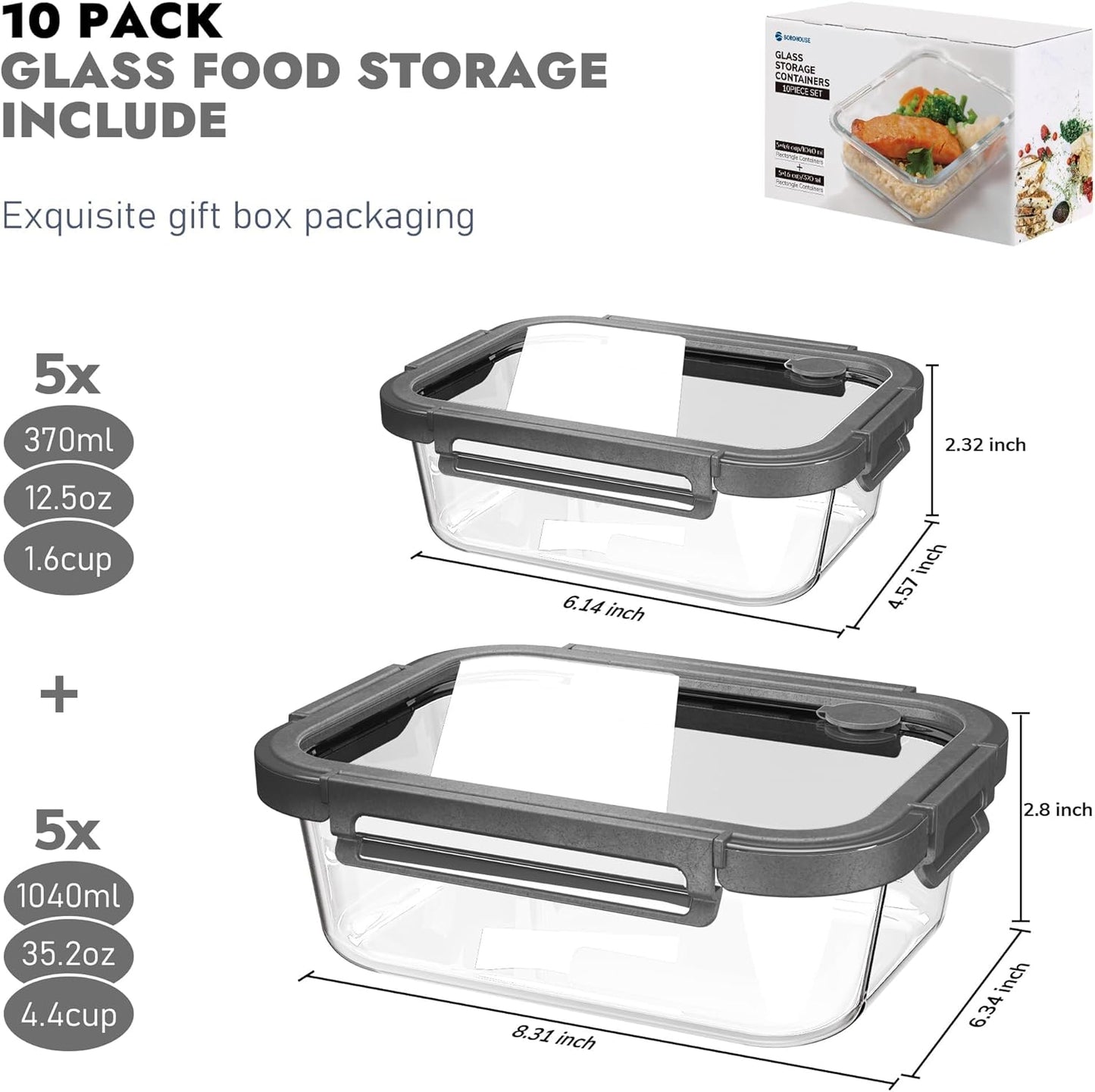 10-Pack Glass Food Storage Containers with Tempered Lids – Borosilicate, Airtight, Oven-Safe (-4°F~950°F), Bpa-Free, 4.4 & 1.6 Cup, Leak-Proof, Dishwasher Safe (Gray)