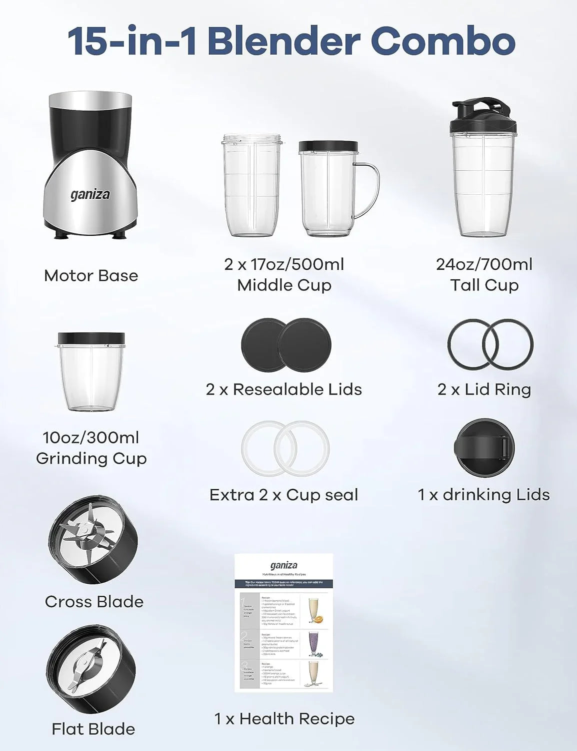 Smoothie Blender, 900W Blenders for Shakes and Smoothies, 15-Piece Personal Blender and Grinder Combo for Kitchen, Smoothies Maker with 4 Bpa-Free Portable Cup, Nutritious Recipe