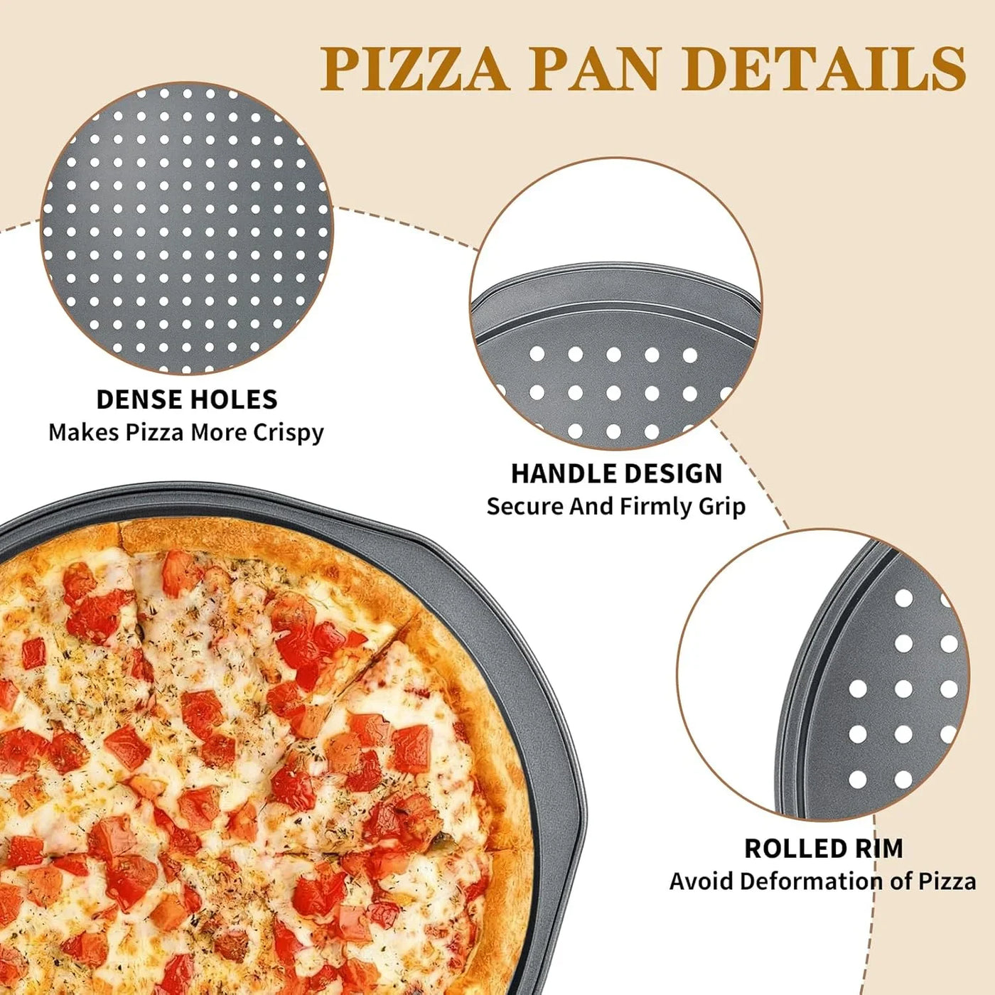 5Pcs Pizza Pan Set - 12 Inch Pizza Pan with Holes, Non-Stick, Pizza Oven Accessories with 2 Carbon Steel round Pans, Pizza Cutter and 2 Gloves, Dishwasher Safe