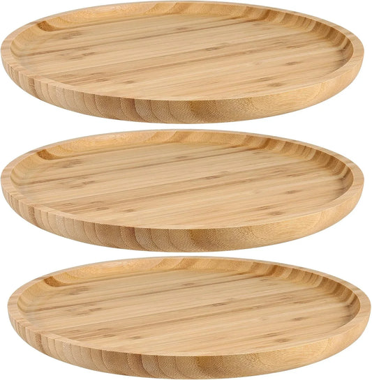3 Pack 10 Inch Bamboo round Platter, Fine Polished round Wood Plates Bamboo Serving Tray for Holding Fruit, Bread, Cheese, Nut, Coffee, Tea, Plant Saucer