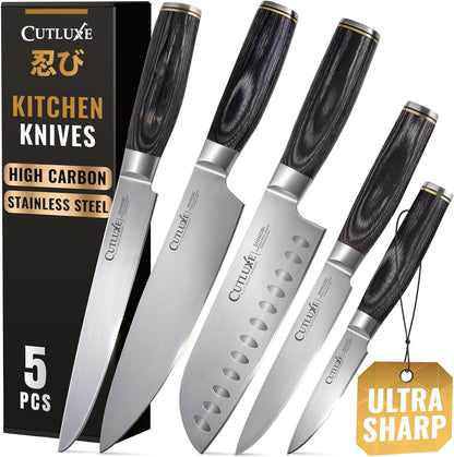 5-Piece Chef Knife Set – Ultra Sharp Japanese Kitchen Knives, High Carbon Stainless Steel Blades, Full Tang Pakkawood Handles – Shinobi Series