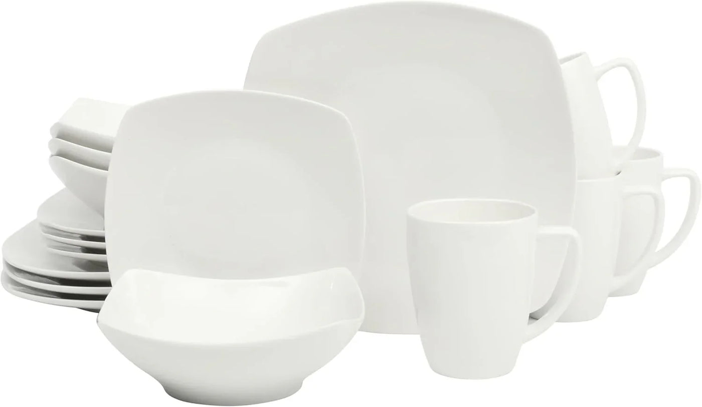 Zen Buffet White Porcelain Dinnerware Set for 4, Square Plates Bowls and Mugs, Chip and Scratch Resistant, Dishwasher and Microwave Safe, 16 Piece