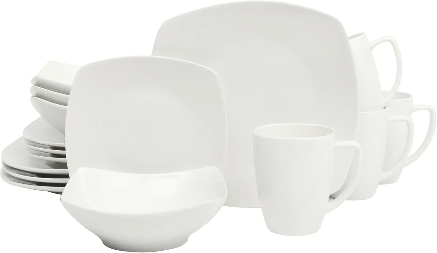 Zen Buffet White Porcelain Dinnerware Set for 4, Square Plates Bowls and Mugs, Chip and Scratch Resistant, Dishwasher and Microwave Safe, 16 Piece